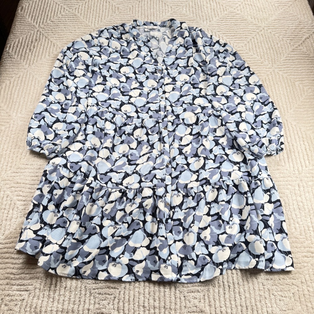 Nine West Tiered Mini Dress Women XL Blue Floral Boho Beach Cottagecore Coastal